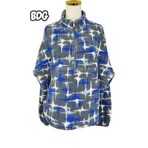 BDG Urban Mens Blue Grey Starburst Sherpa Fleece Quarter Zip Pullover M